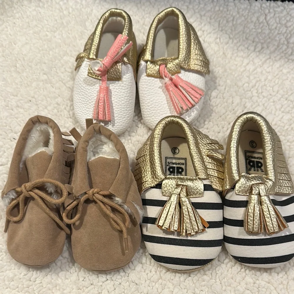 Adorable Baby Moccasins - Set of 3 Pairs - Gently Used for Newborn - 3 months